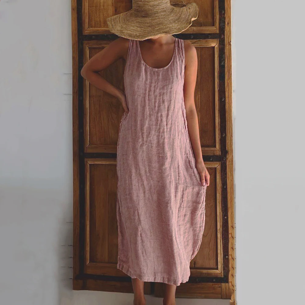 

Casual 100% Cotton Summer Women's Long Dress Loose Solid Sleeveless Backless Streetwear Elegant Female Dress Vestidos Robe