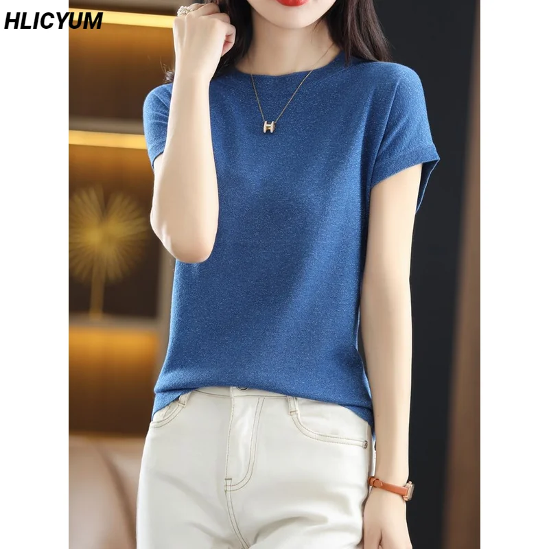 

Women's T-shirt Summer New Wool Sweater Short Sleeve Casual Knitwear Round Neck Ladies Tops Blouse Overside Loose Pullover Tees