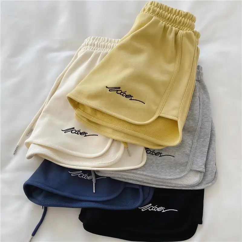 

Women New Summer Short Pants Embroidery Letters Drawstrings Elastic Waistband High Waist Shorts Ladies Short Tight Trousers