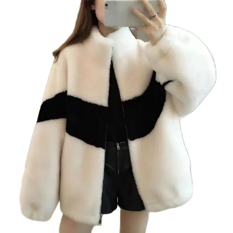 

Женское зимнее пальто из овечьей шерсти, теплое пальто из искусственного кроличьего меха с высоким воротником, зима 2023