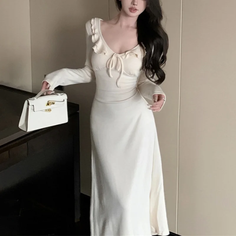 Women Dress y2k Clothes Solid Color Ruffle Tie Up V Neck Long Sleeve Bodycon Long Dresses Party Dresses Streetwear
