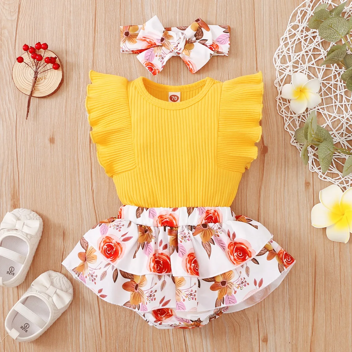 Baby Clothing Set discount hibobi Baby Girl Clothes Set Flower Print Girls Ruffle-sleeve Romper Summer Bodysuit Floral Pattern Shorts Headband Set 3Pcs small baby clothing set	