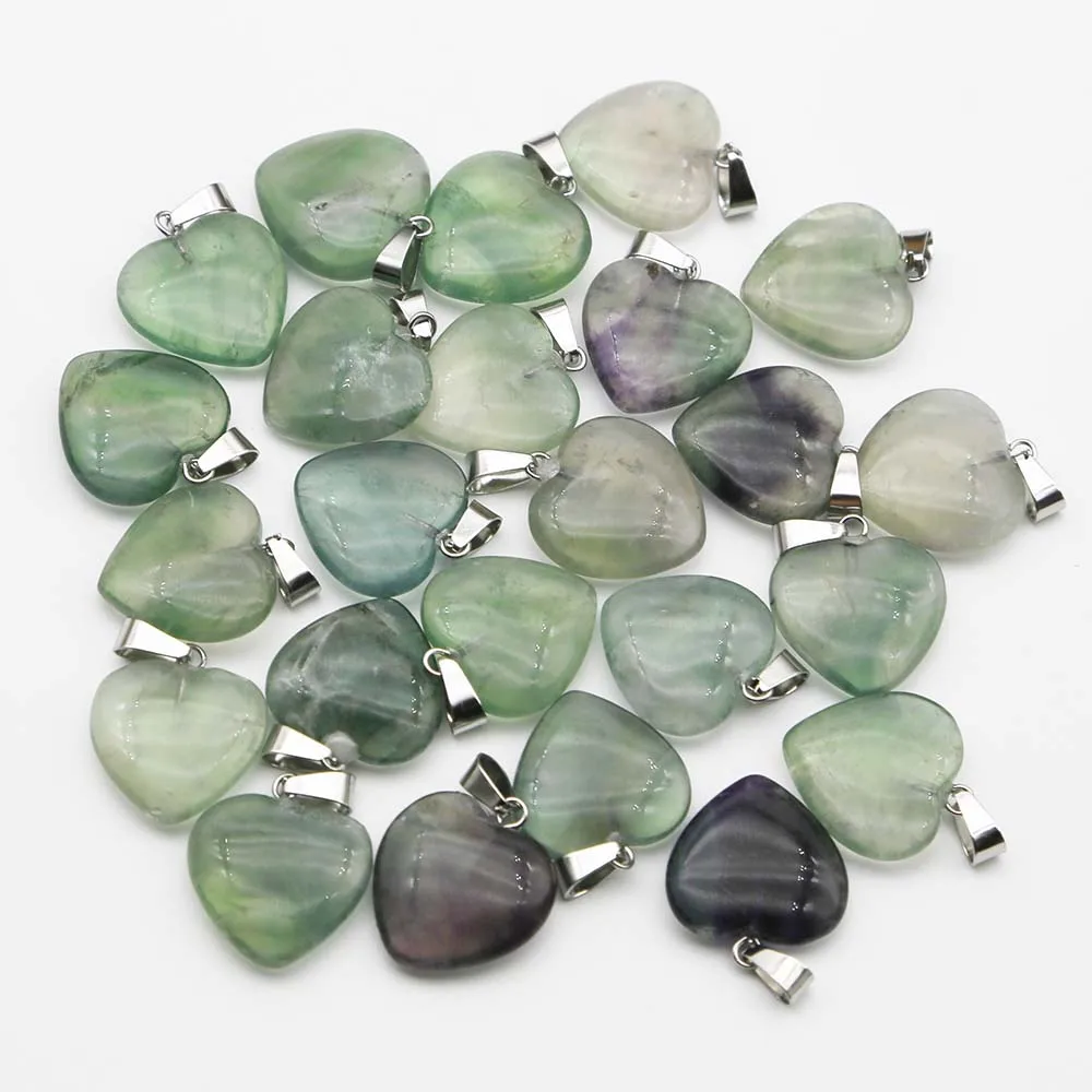 20MM High Quality Natural Stone Fluorite Heart Necklace Pendants Mineral Healing Charms Jewelry Gift Accessories Wholesale 30Pcs