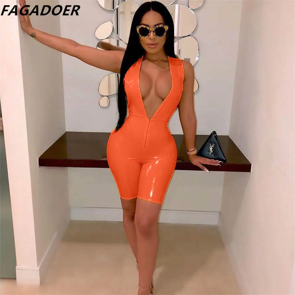 FAGADOER Sexy Bodycon PU Rompers Women Zipper Patent Leather Jumpsuit Summer Solid Sleeveless Shorts One Piece Playsuit Clubwear