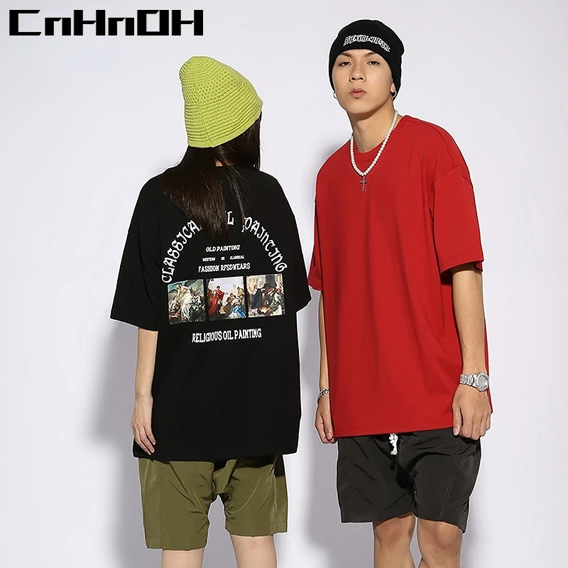

CnHnOH Streetwear HipHop Women Tees Couple Spring and Summer Tide Brand New Retro Oil Painting Print Short-sleeved T-shirt Trend