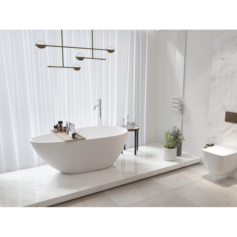 67" Freestanding Solid Surface Bathtub, Luxury Engineered Stone Resin Freestanding Soaking Bathtub with 4