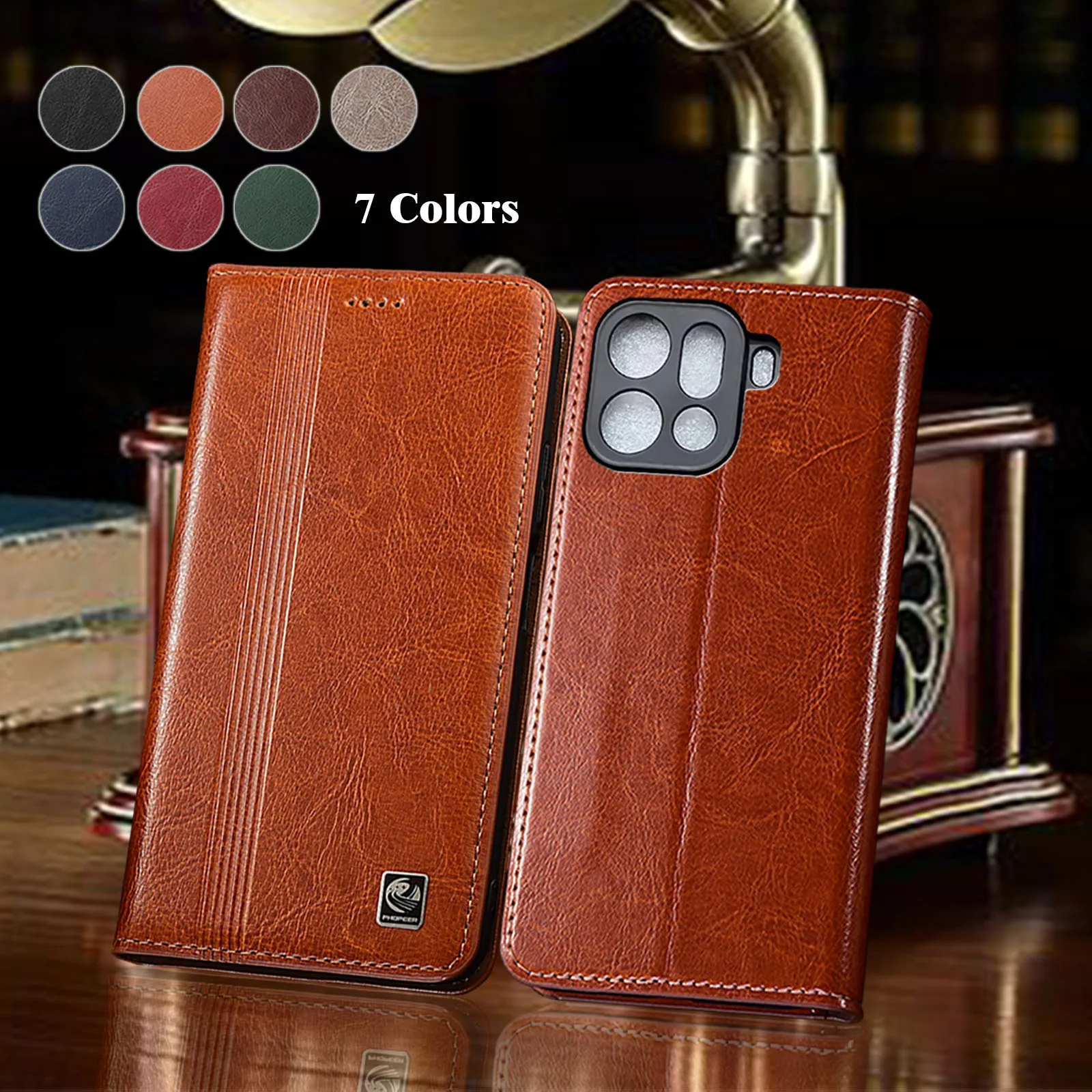 Luxurious Genuine Leather Flip Phone Case with Vertical Line Design