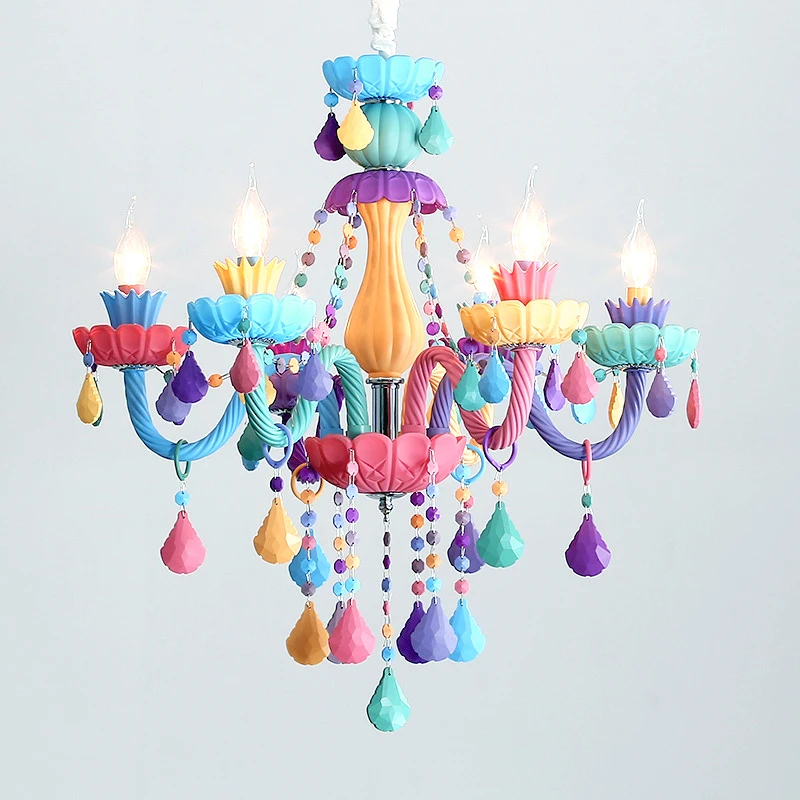 

Macaron Style Chandelier Is Modern Rainbow-colored Candle Crystal Lighting Suitable for Bedroom, Living Room, Children's Room