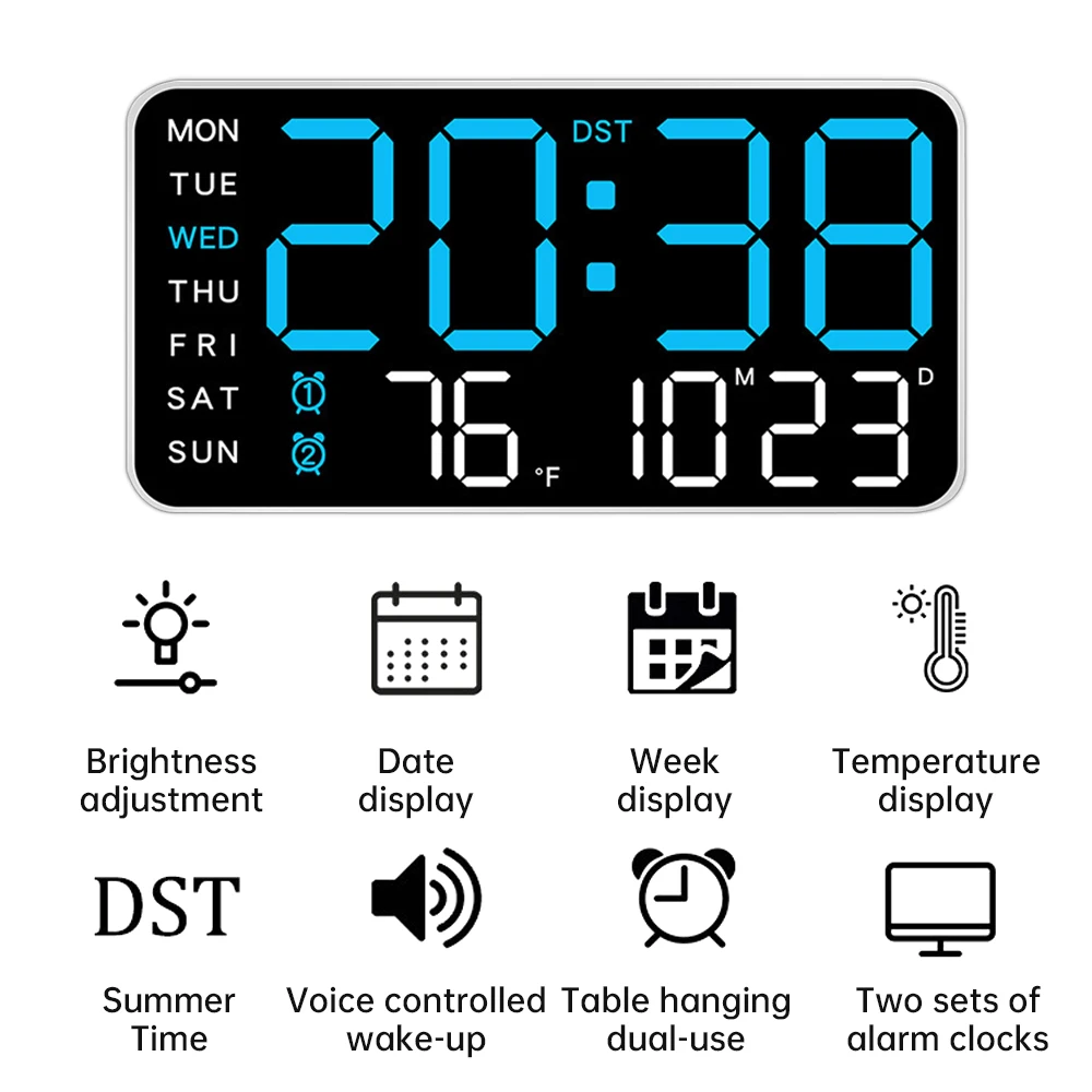 Large Digital Wall Clock Temperature Date Week Display 12/24H LED Alarm Clock Brightness Adjustment for Bedroom