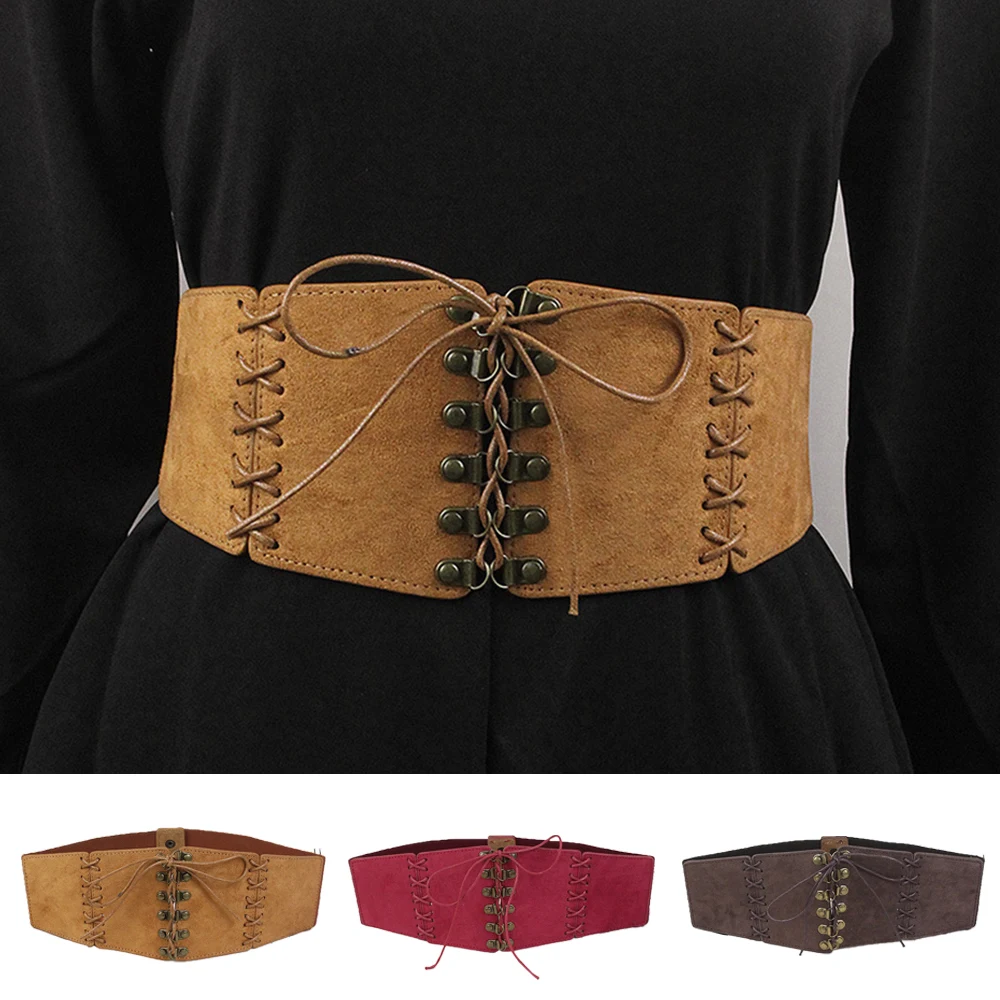 

Punk Slimming Body Waist Belt Lace-Up Buckle Corset Belt Suede Leather Elastic Wide Belt Dress Coat Shirts Casual Waistbands