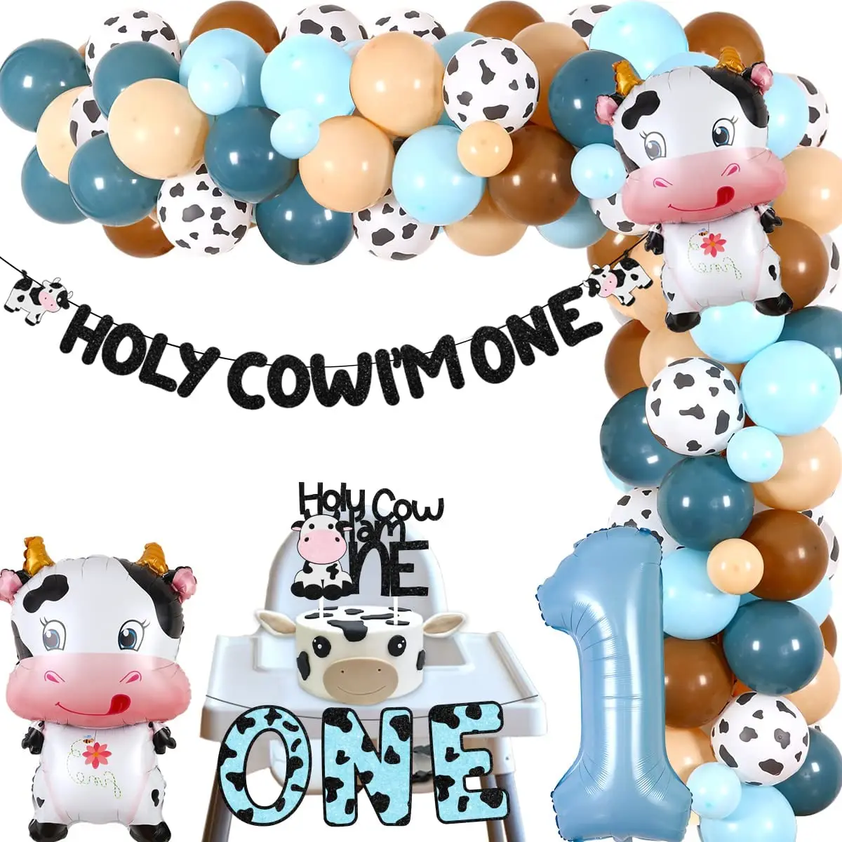 

JOYMEMO Cow Farm Theme 1st Birthday Party Decorations for Kids Holy Cow Im One Banner Cake Topper Number 1 Cow Foil Balloon Kit