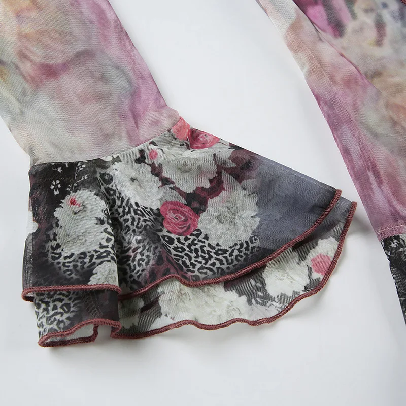 Blusa de manga larga acampanada con volantes y estampado floral para mujer, estilo grunge de los años 2000, ropa urbana Y2K