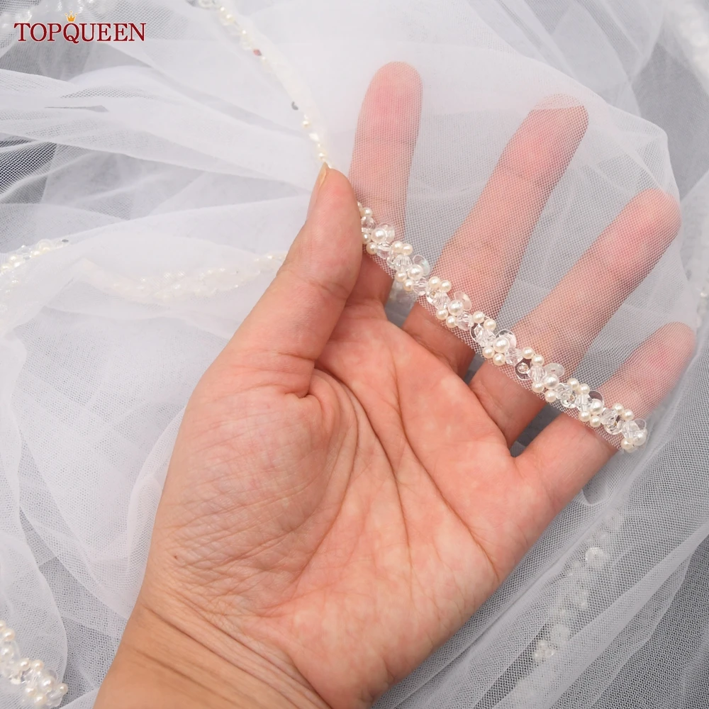TOPQUEEN V134 Delicate Wedding Veils For Bride Pearls Wedding Veil With Crystals Edge Bridal Veils Crystal Beaded Bridal Veil