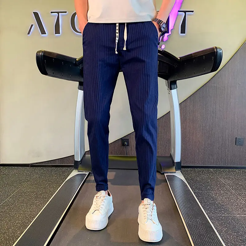 2024 Spring Summer New Fashion High Waist Men's Clothing Shrink Feet Solid All Match Korean Style Casual Loose Rope Hombre Pants