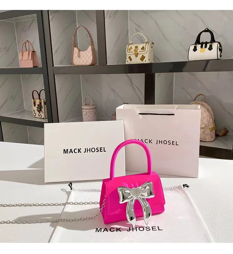 Luxury Satin Square Bag Women Elegant Handbag Glitter Diamonds Metal Bow Evening Bag Wedding Party Clutch Purse Crossbody Bag