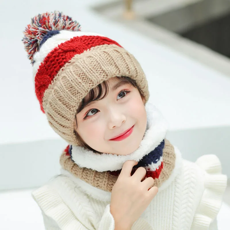 Winter Children Cute Sweet Plus Velvet Thick Wool Knitted Wool Ball Hat Girls Korean Version Warm Scarf Boys Kids Hedging Cap