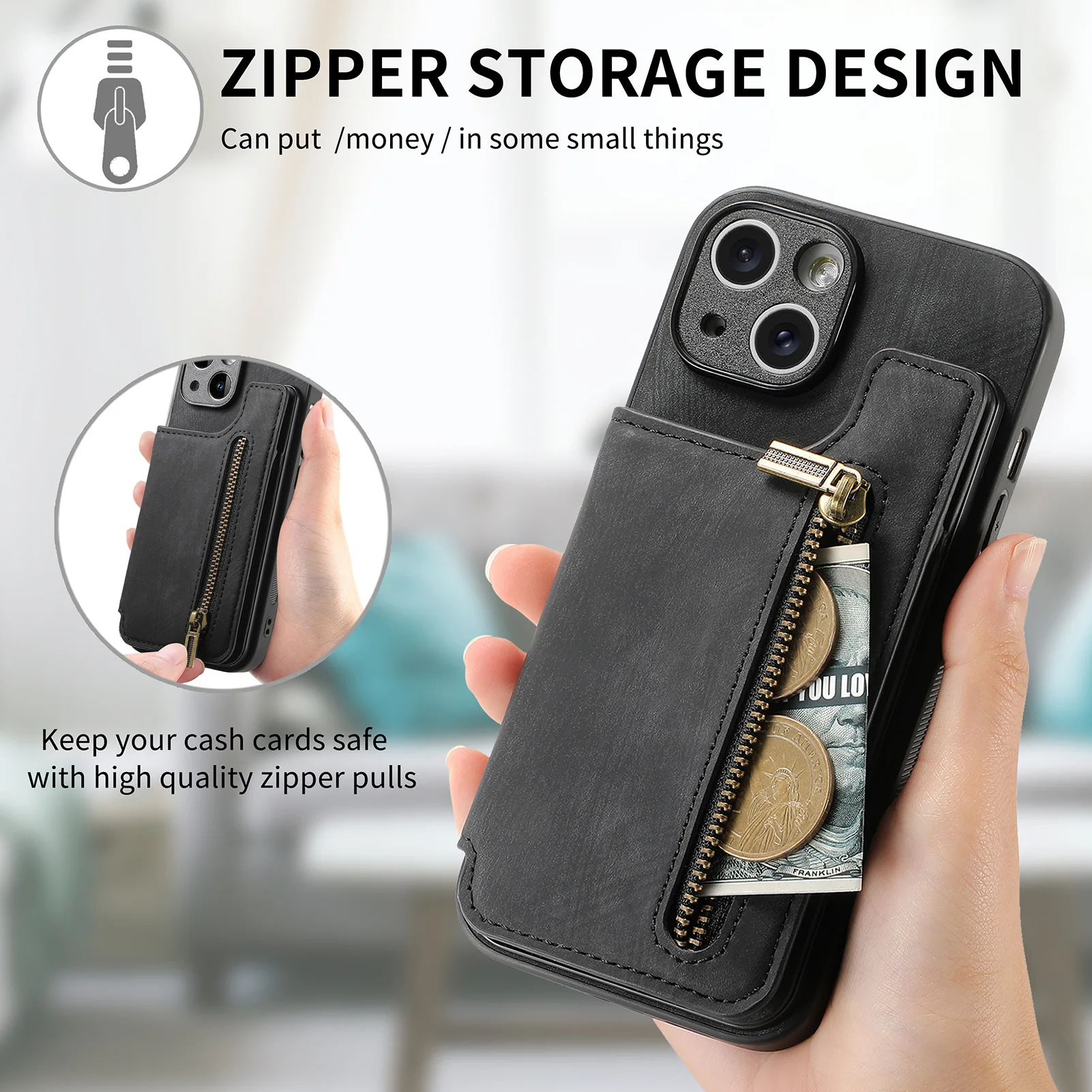 Luxury Leather Zipper Wallet Case with Magnetic Holder and Card Slots