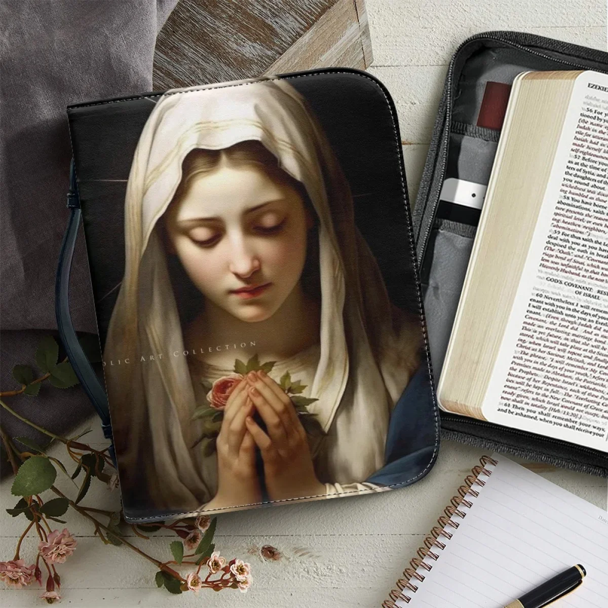 Hot Virgin Mary Pattern Print Handbags Zippered Handle Bible Bag for Women Custom Bible Cover Case Practical Bible Storage Bags