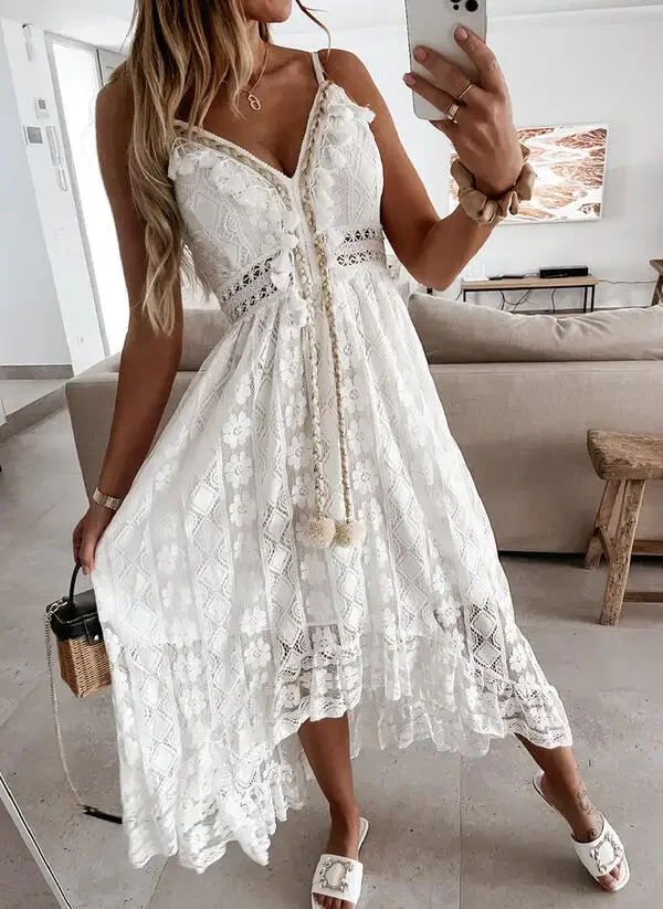 Women White Lace Dress, Long Strap Tassels, Beach V Neck, Party Elagant  Hollow Out, Sleeveless Off Shoulder, Cotton Lady Dresses - AliExpress  200000345