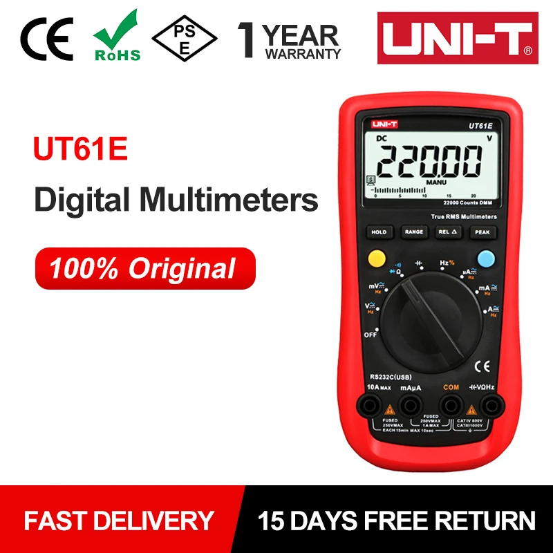 UNI-T True RMS Digital Multimeter UT61A UT61B UT61C UT61D UT61E UNI T AC DC Multimetros Capacitor Transistor Tester Data Peak