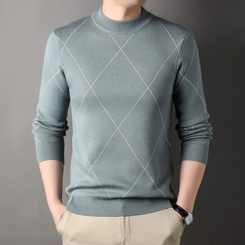 2023 Autumn and Winter New Sweaters Diamond Line Underlay Men's Knitted Pullover Fashion Simple Casual Half High Neck Sweater