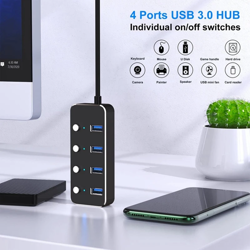 

USB 3.0 Адаптер питания, 4 порта, разветвитель из алюминиевого сплава, док-станция, 3,0 USB мульти-разветвитель, переключатель 1,2 м, кабельный концентратор