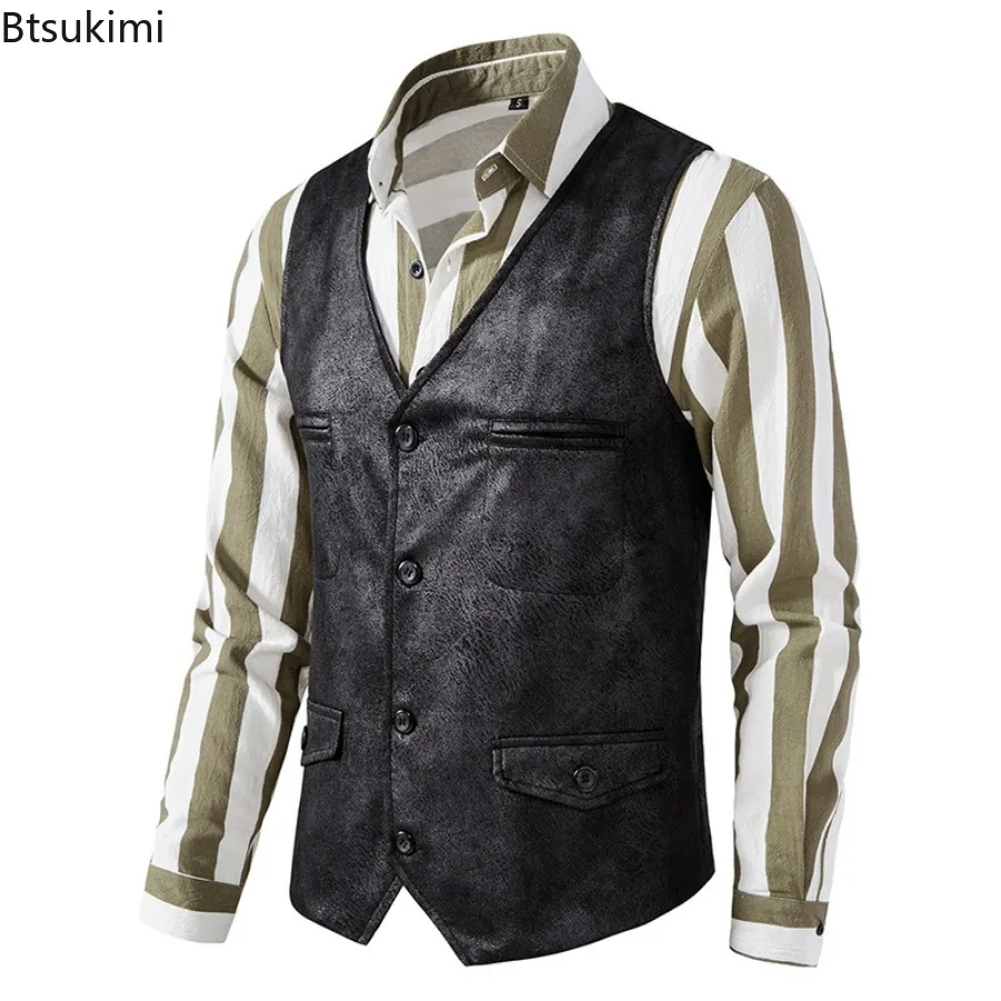 New 2024 Men's Vest V-neck Suede Single Breasted Vest Jacket Man Casual Business Party Waistcoat Fashion Solid Slim Vest for Men