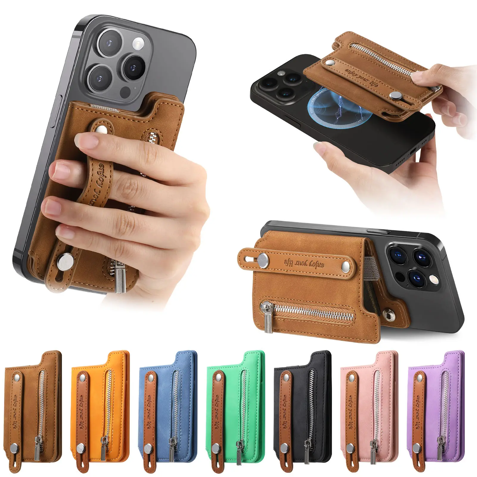 Compact Zipper Wallet with Magnetic Phone Case and Wrist Strap Holder
