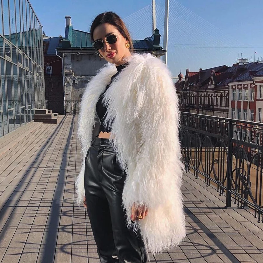 Mongolia Sheep Fur Coat Women\'s Long Jacket Ladies Sheep Skin Coat Luxury Natural Tibetan Lamb Fur Coats