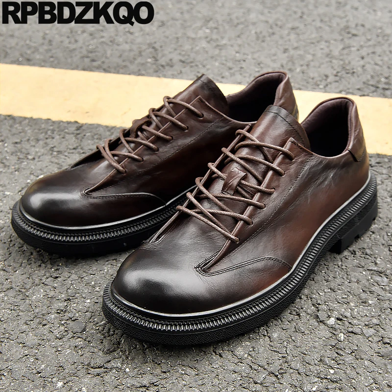 

Men Dress Large Size Round Toe Brush 46 12 British Custom Flats Brown Oxfords Full Grain Leather Lace Up Wide Fit Derby Shoes