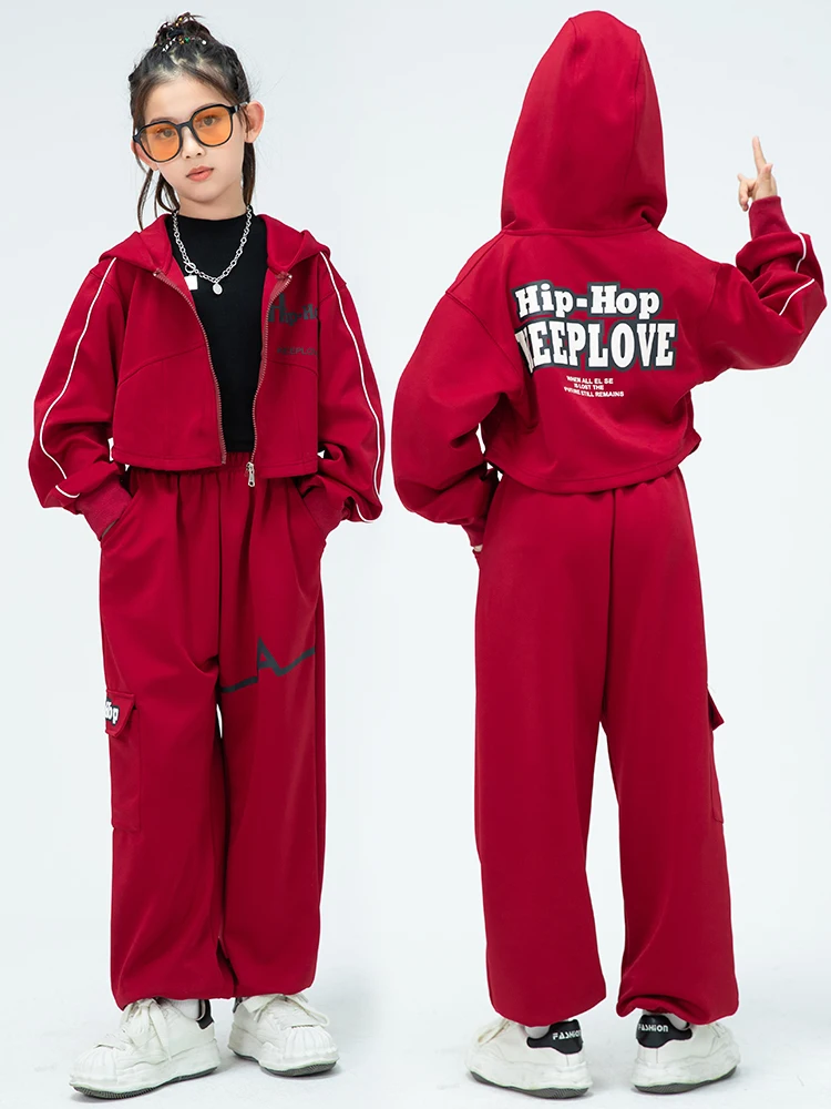 

Kpop Jazz Dance Clothes Girls Hooded Tops Pants Red Hiphop Performance Costume Long Sleeves Suit Kids Hip Hop Dance Outfit L9345
