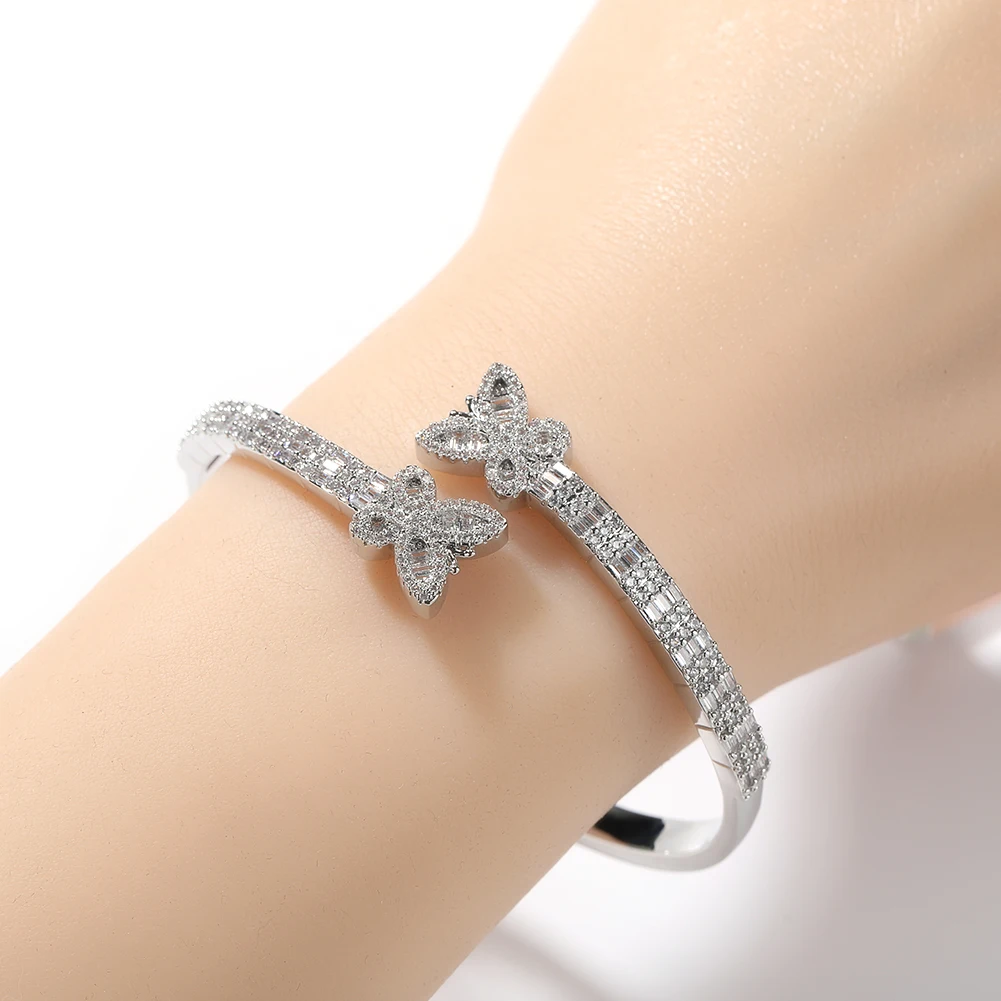 THE BLING KING Baguettecz Butterfly Bracelet Micro Paved Bling Cubic Zirconia Cuff Bangle Luxury Gift For Women Hiphop Jewelry