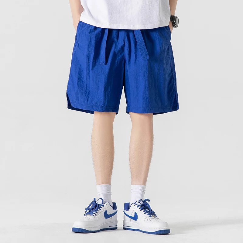 Summer Thin Fashion Trend Casual Shorts Men's Solid Elastic Waist Drawstring Patchwork Pockets Korean Versatile Straight Shorts
