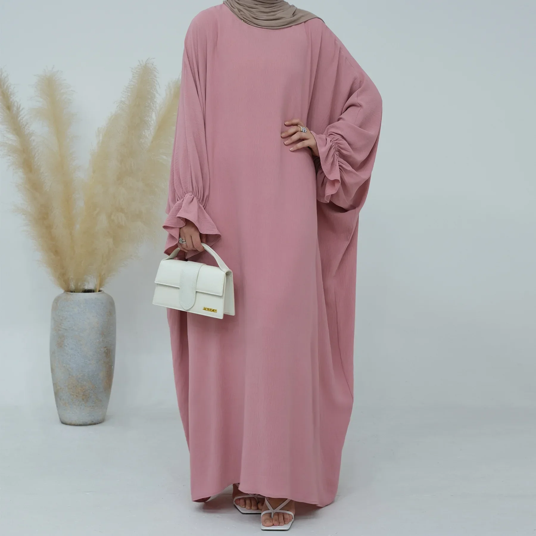 Ramadan Abaya for Women Crepe Crinkle Batwing Plain Muslim Hijab Dress Islamic Prayer Clothing Turkish Dubai Kaftan Robe Jilbab