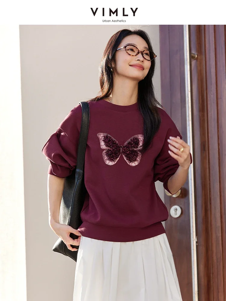 VIMLY Women Simple Sweatshirt With 3D Butterfly Embroidery 2025 Spring O-Neck Office Lady Pullover Loose New Year's Sweatshirt 2