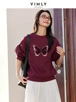 VIMLY Women Simple Sweatshirt With 3D Butterfly Embroidery 2025 Spring O-Neck Office Lady Pullover Loose New Year's Sweatshirt 2