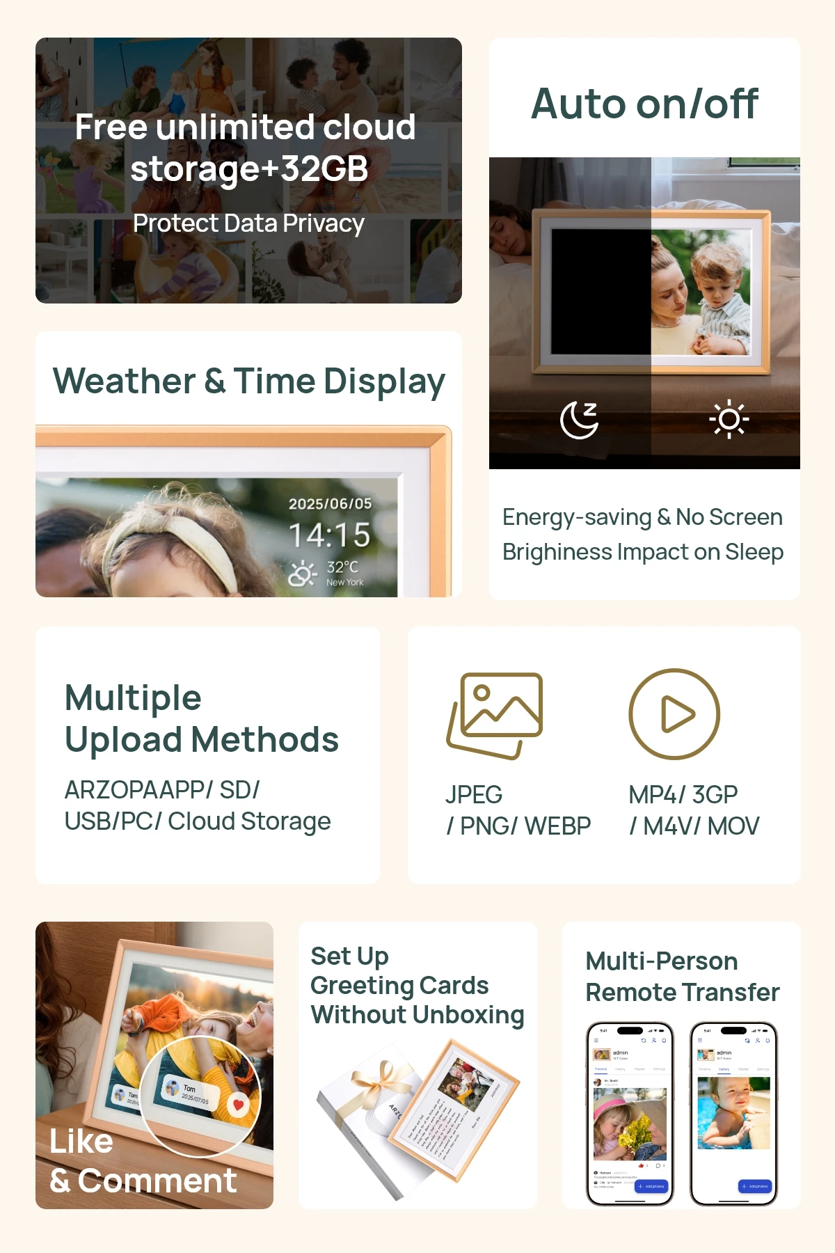 ARZOPA 10.1 Inch Metal Digital Photo Frames WiFi 32GB IPS HD Free Touch Screen Remote Share Photos Videos Auto Rotation,D10 Gold view 3