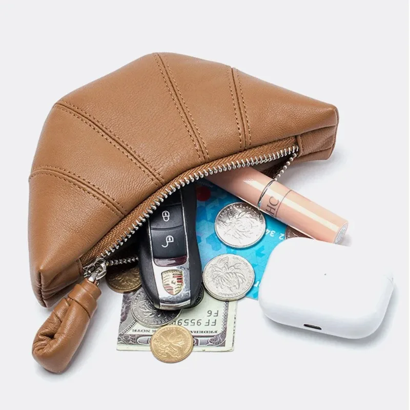 New Luxury Genuine Leather Women Coin Purse Fancy Croissant Fashion Lady Small Zip Hobo Wallet Brand Retro Mini Makeup Pouch Bag