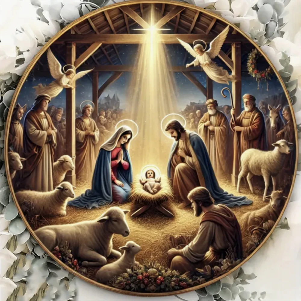 2D Holy Scene Guard Jesus Birth Acrylic Window Hanging Wreath Round Wooden Sign Window Church Front Door Porch Wall Home Decor