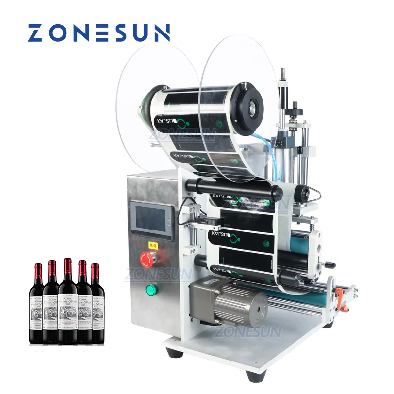 ZONESUN Desktop Semi-automatic Beverage Round Wine Bottle Double Side Labeling Machine Label Sticking Machine