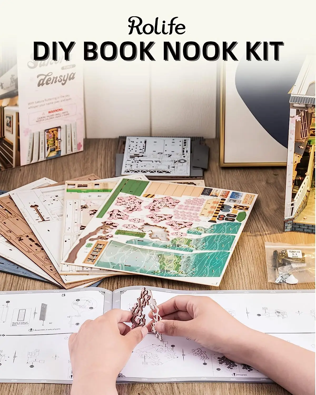 Robotime Rolife DIY Book Nook Japanese Sakura Densya in Books Series Wooden Miniature House with Furniture Doll House Kits Toy 4