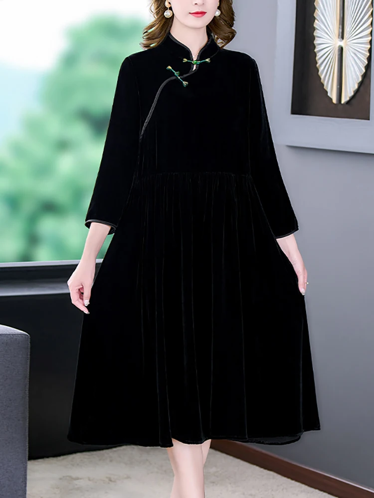 Women Black Korean Vintage Hepburn Midi Dress Autumn Winter