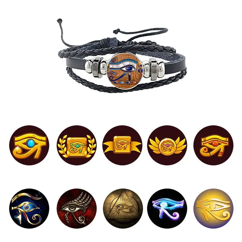 JWEIJIAO The Eye of Horus Ancient Egyptian Mythology Pattern PU Leather Bracelet Glass Cabochon Dome Charm Jewelry FTQ01