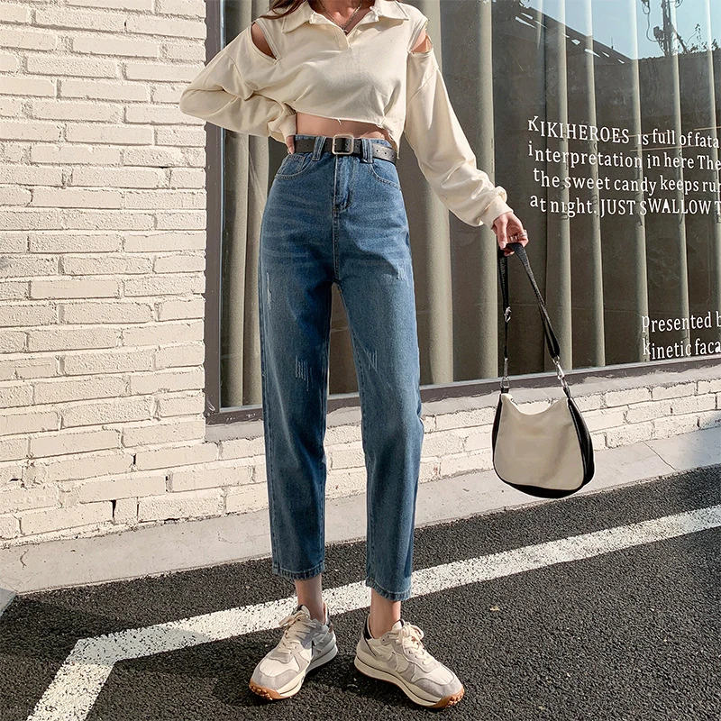 Women's Broken Holes Denim Harem Trousers Versatile and Thin High Waisted Nine Minute Old Dad Jeans spring high waisted women s denim seven minute trousers loose fashion wide legged trousers thin section of casual jeans female