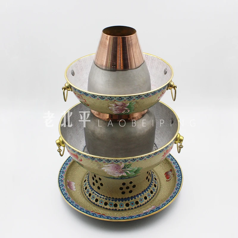 Cloisonne charcoal copper hot pot mutton Double-flavor edge furnace hot gas pickled Chinese cabbage pure