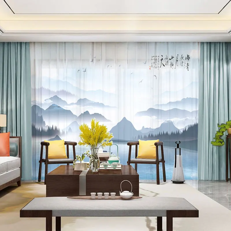 

Custom Chiffon Sheer Curtain Window Drape for Bedroom Living Room Mountain Hills River Boat Trees Landscape