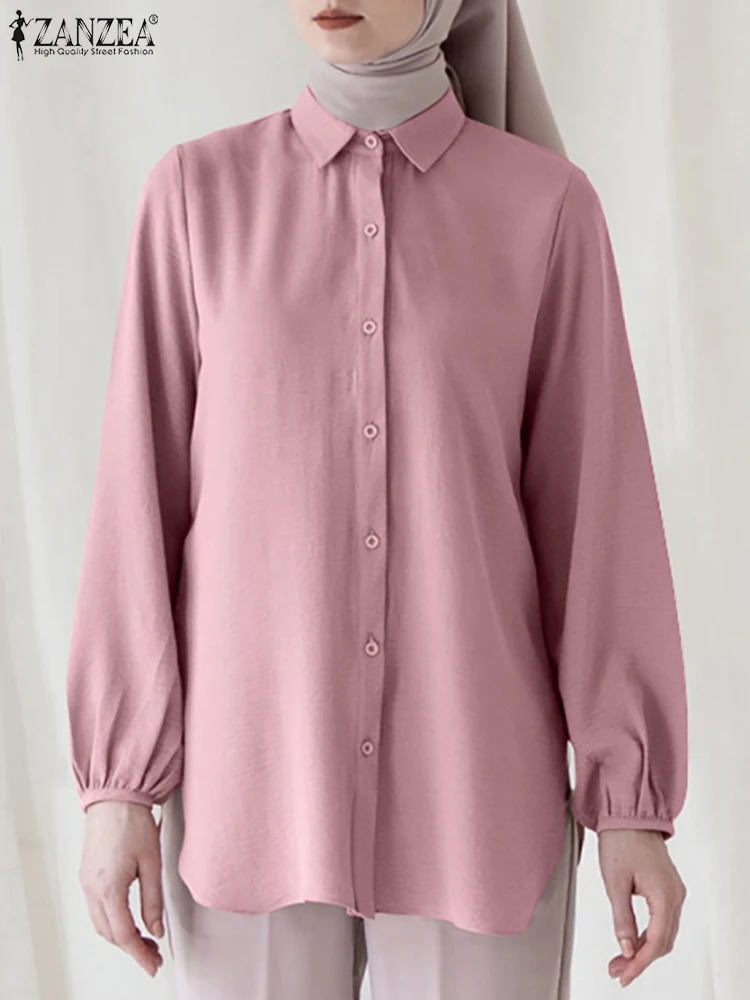 

ZANZEA Autumn Fashion Solid Muslim Blouse Lapel Neck Long Sleeve Shirt Woman Vintage Turkey Hijab Tops Casual Street Chemise