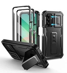 Heavy Duty Shockproof Phone Case with Screen Protector, Camera Cover, and Kickstand (Black)