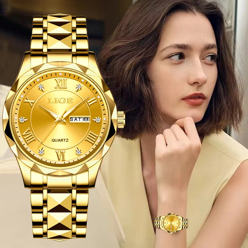 LIGE Ladies Wristwatch Luxury Waterproof Luminous Date Gold Watch For Women Dress Stainless Steel Quartz Women's Watches+Box