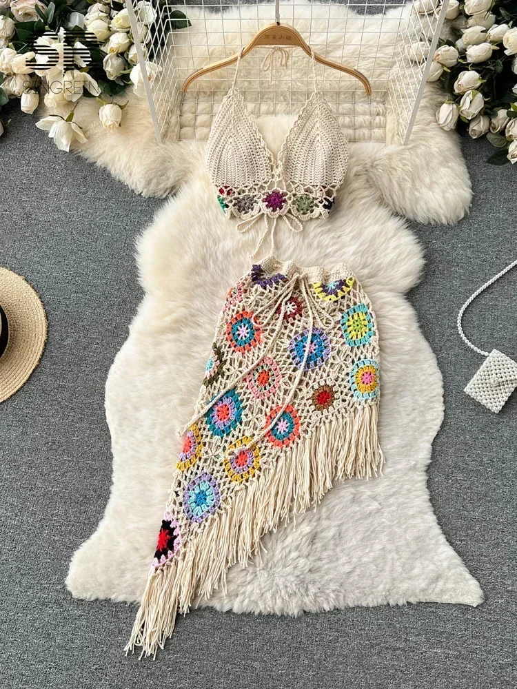 2024 New Bohemian Two Piece Knitted Sets Summer Hook Hollow Out Camisole Floral Irregular Tassel Skirt Sexy Beach Style Suits